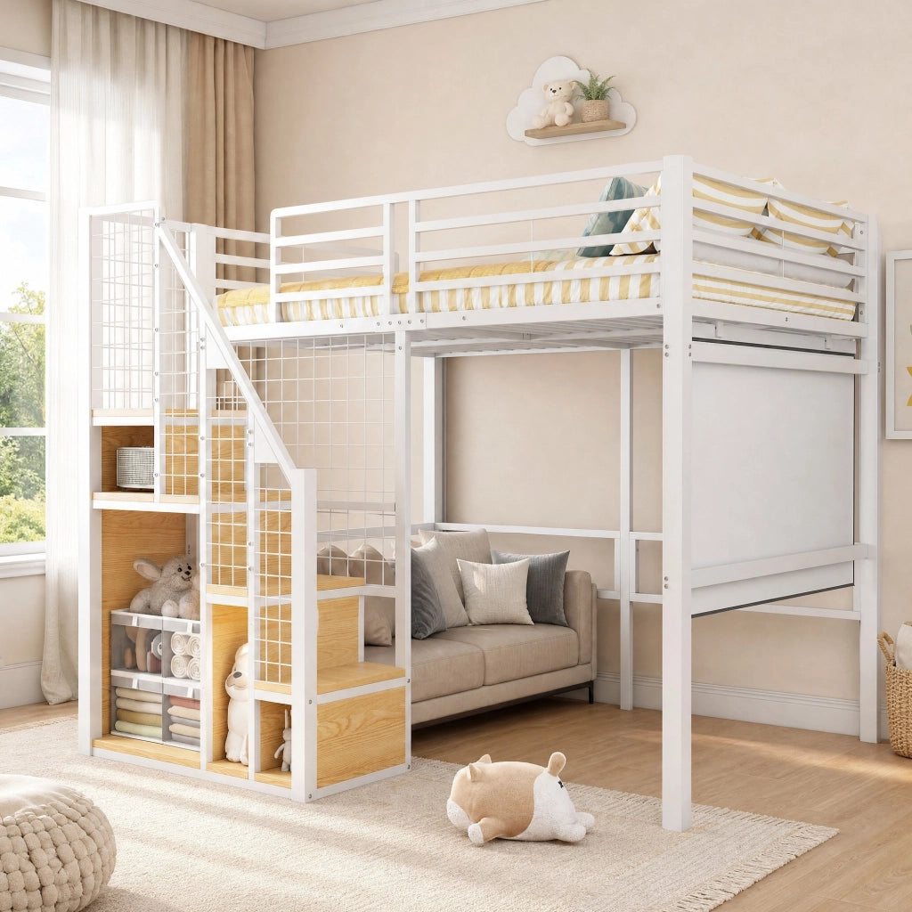 Letto a soppalco 140x200 cm con scala e vano contenitore in metallo bianco