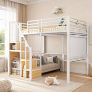 Letto a soppalco 140x200 cm con scala e vano contenitore in metallo bianco