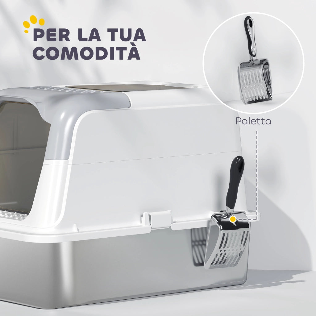 Lettiera per Gatti Chiusa a 2 Ingressi con Deodorante e Paletta. 60.4x40.4x41.8 cm. Bianco e Grigio