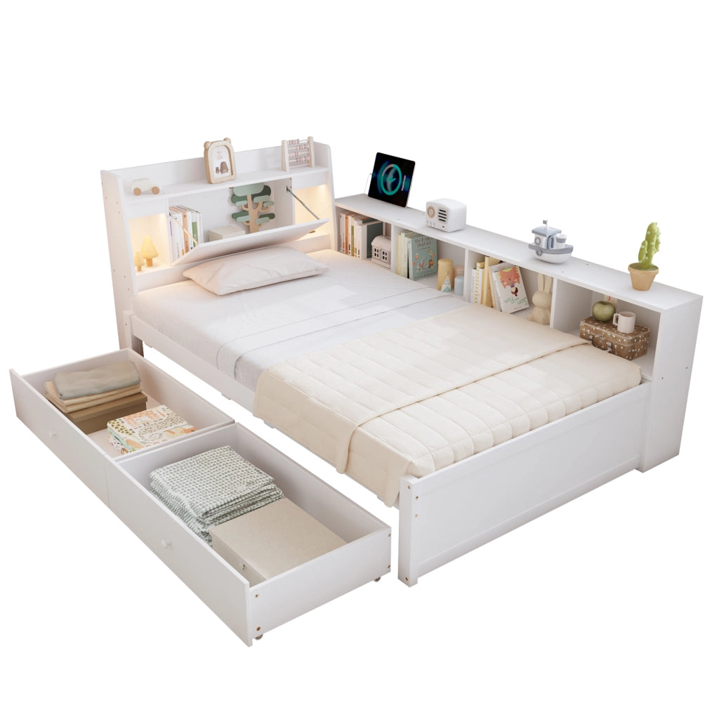 Letto singolo 90x200 cm bianco con luci, presa e cassetti