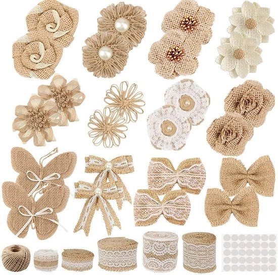 Set di Sacchetti di Fiori con 30 pezzi, comprensivo di 24 sacchetti di fiori artigianali e nodi di fiocco, 5 rotoli di nastro di sacchetto con punta, una corda e punti di adesione per decorazioni di matrimonio.