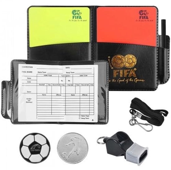 Serie di Carte da Giudice con Fischietto - Carte di Colore Rosso/Giallo - Supporto per Carte - Fogli di Punteggio - Strumento per Raccogliere Punti - Adatto per Partite di Calcio - Kit per Arbitri