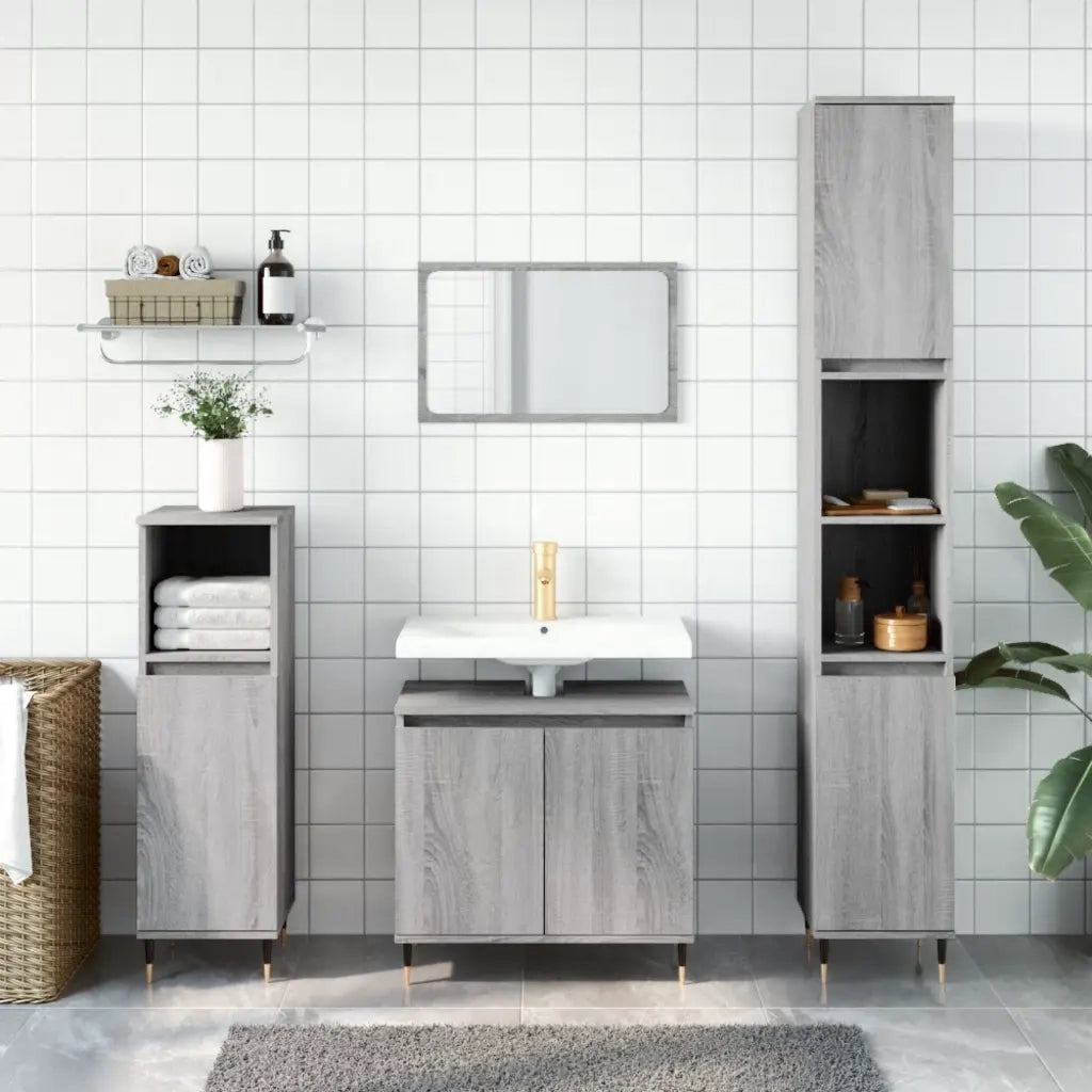 Set Mobili da Bagno | Armadio da bagno 3 pz Grigio Sonoma in Legno Multistrato