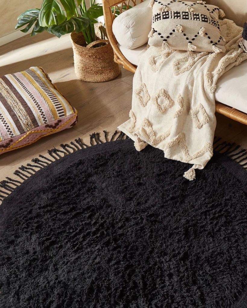 Tappeto rotondo in cotone nero ⌀ 140 cm con frange boho soggiorno camera da letto