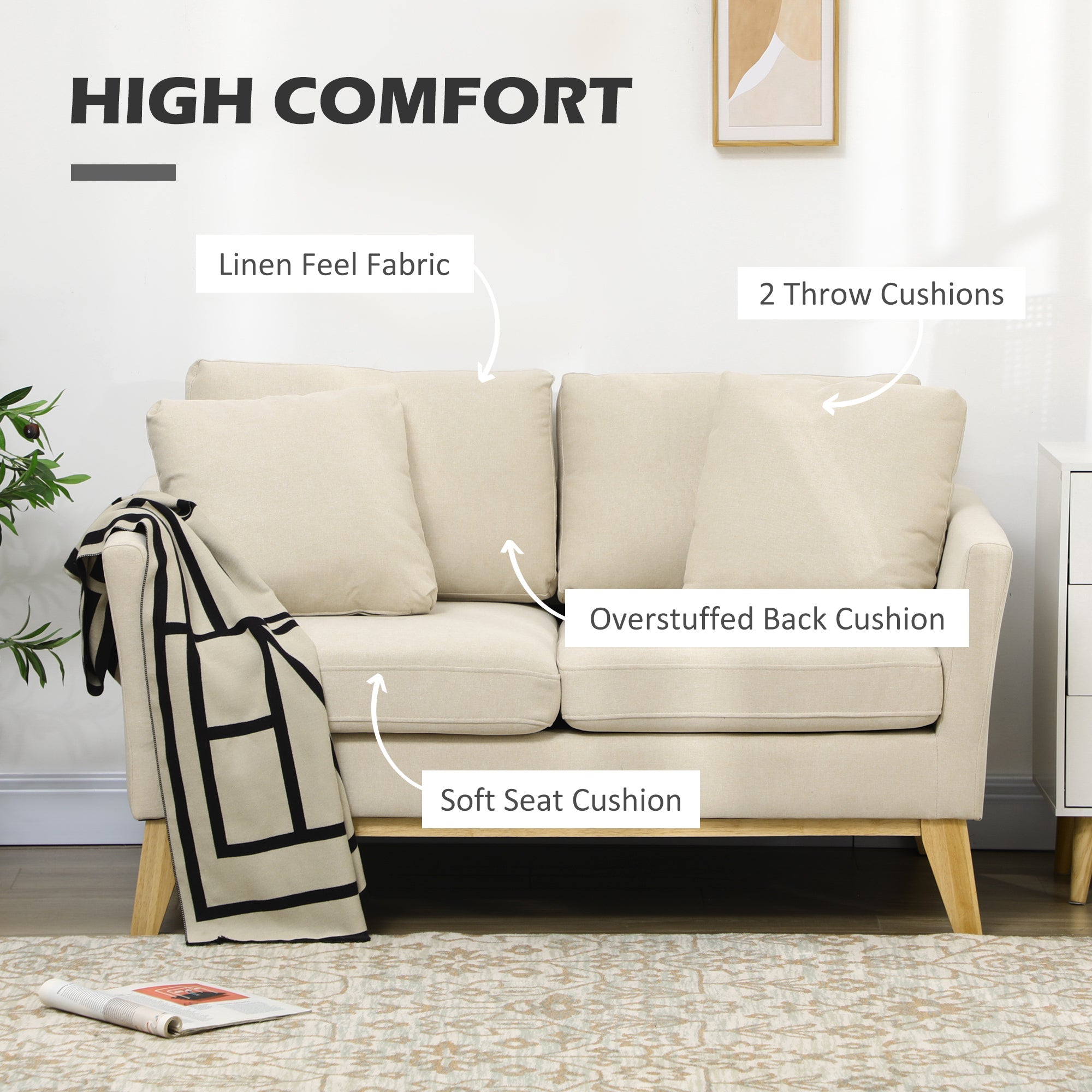 Divano 2 Posti 137x78x78 cm in Tessuto Effetto Lino Beige