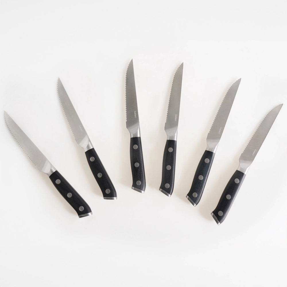 Set di coltelli da bistecca 6 pezzi Elegante confezione in acciaio inossidabile Manico in legno Lama seghettata Nero