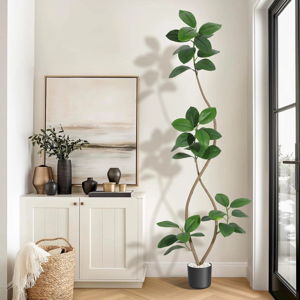 Ficus Elastica Artificiale 210 cm a Doppio Tronco con Vaso Effetto Pietra e Ciottoli