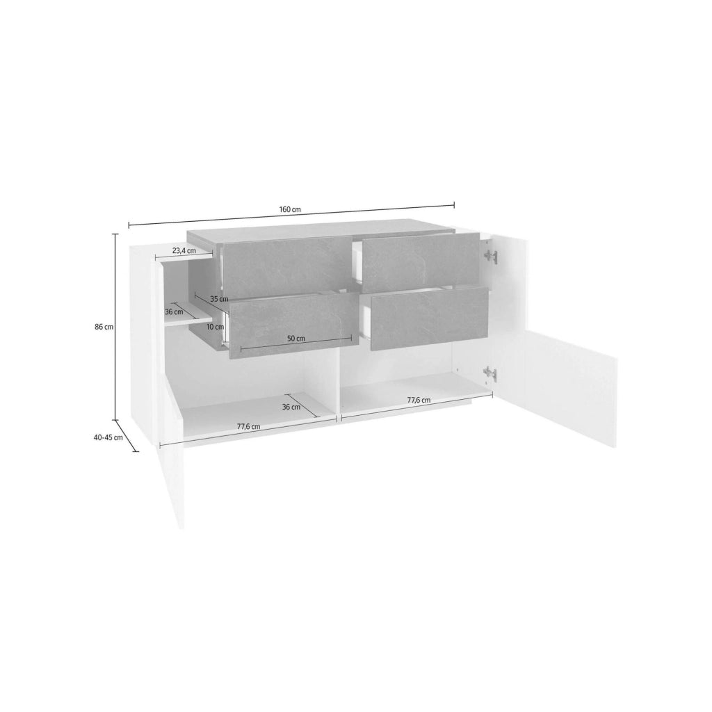 Madia Ashi, Credenza 2 Ripiani Made in Italy, 160x45x86h cm Bianco Lucido