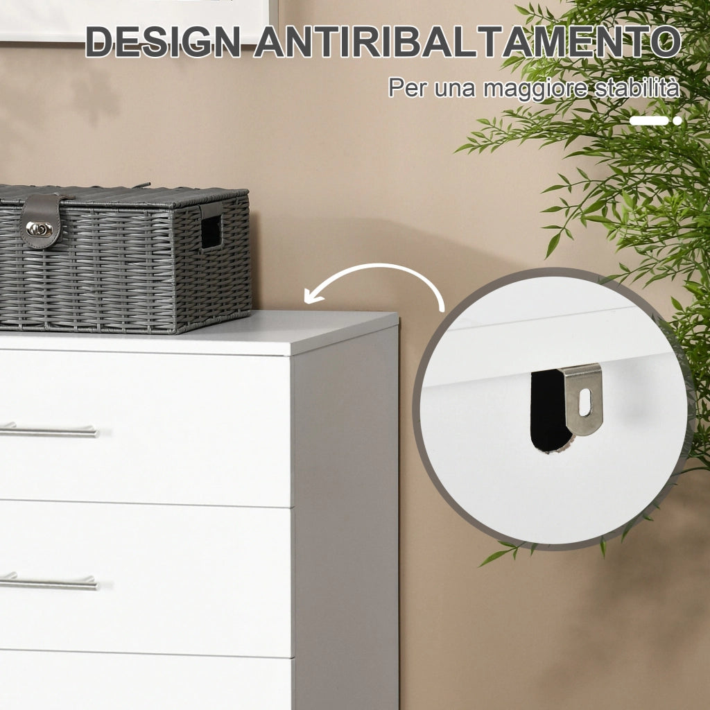 Cassettiera 4 Cassetti 112x38,2x81 cm in Legno con Maniglie in Metallo Bianco
