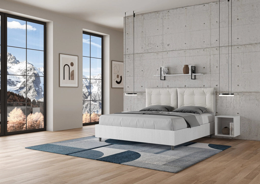 Letto matrimoniale con rete 160x190 bianco frassino cuscini similpelle cappuccino Egos Annalisa