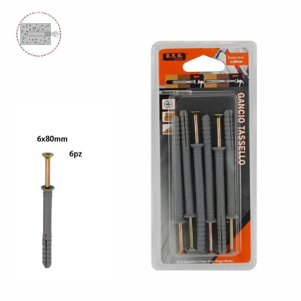 Trade Shop - Set 6 Pz Tasselli Fisher Viti Vite Chiodi Gancio Tassello Misura 6 X 80 Mm 69051 -