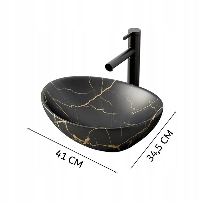 Lavabo da appoggio in ceramica, nero opaco con venature marmorizzate, ovale, 41x34,5 cm