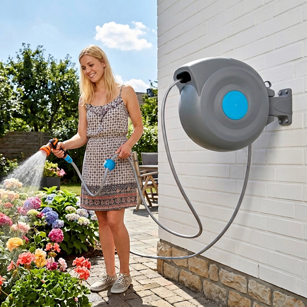 Avvolgitubo da 20 m a parete con riavvolgimento automatico, avvolgitubo da giardino e pistola a spruzzo 9 in 1, resistente ai raggi UV e al gelo,