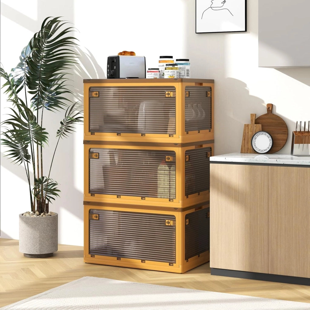 3 contenitori con coperchio, 98 l x 3 scatole impilabili, pieghevoli, con 5 ante e rotelle, impilabili, scatola di plastica