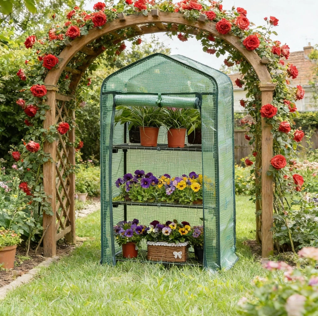 Serra da giardino compatta in PE verde con 3 ripiani