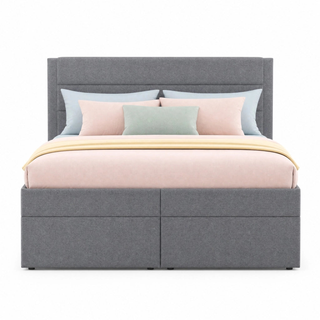Letto matrimoniale imbottito 140x200 cm con contenitore; struttura in legno e MDF; grigio