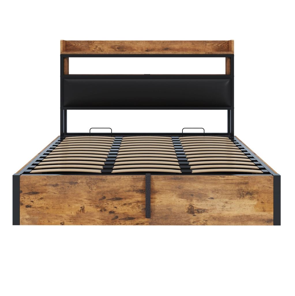 Letto 180x200 cm con contenitore; USB e testiera imbottita in metallo; MDF e tessuto nero