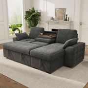 Divano angolare 3 posti in chenille con contenitore, letto estraibile, tavolino con portabicchieri e porta USB, grigio 237x141x86 cm