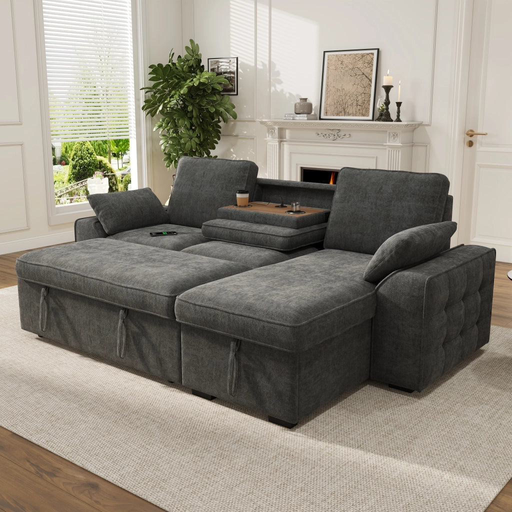 Divano angolare 3 posti in chenille con contenitore, letto estraibile, tavolino con portabicchieri e porta USB, grigio 237x141x86 cm