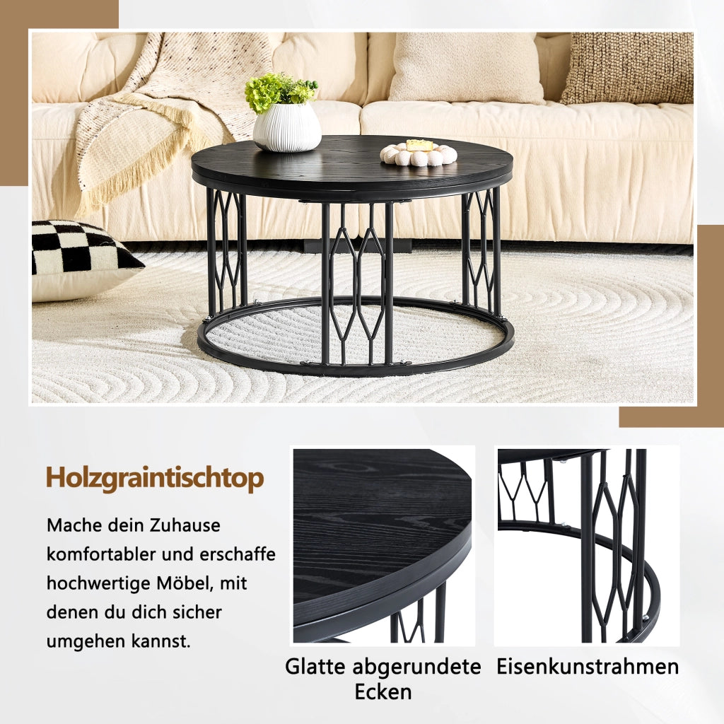 Tavolino basso rotondo in MDF con piano effetto legno e struttura in metallo per soggiorno nero Ø 70 × 40,5 cm