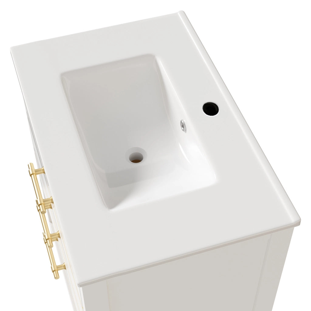 Mobile sottolavabo con lavabo in ceramica, 2 cassetti e vano aperto, finitura lucida, per bagno, bianco oro, 76 cm