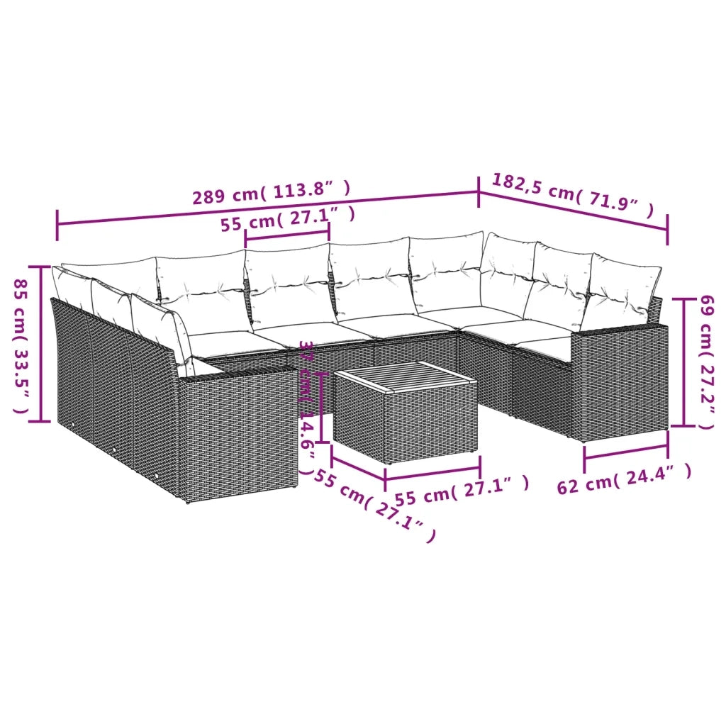 Set Divani da Giardino 10pz con Cuscini in Polyrattan Nero 3224263
