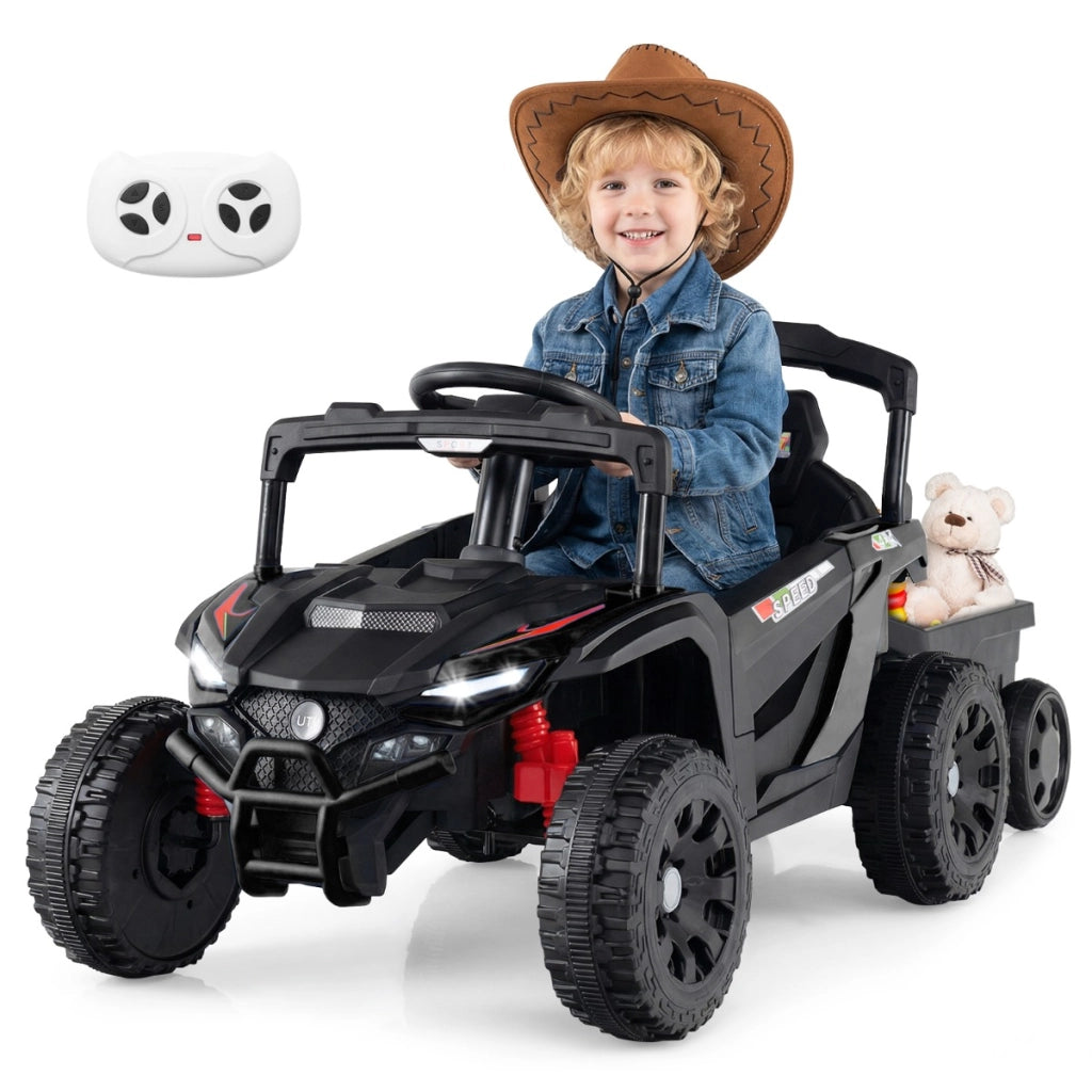 Macchina elettrica bambini utv con rimorchio staccabile-Macchinine giocattoli bambini trattore 12v telecomando Nero
