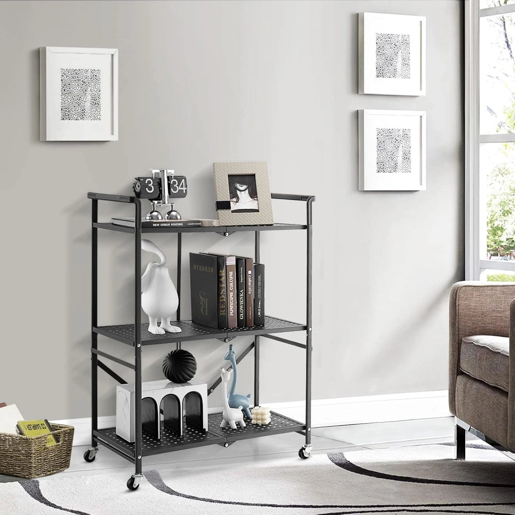 Carrello Cucina Pieghevole a 3 Ripiani, in Mettallo, Scaffale Cucina con Ruote, Scaffale per Microonde, Forno, Tostapane, Carrello di Servizio Salvaspazio, 73 x 33 x 94 cm, Nero
