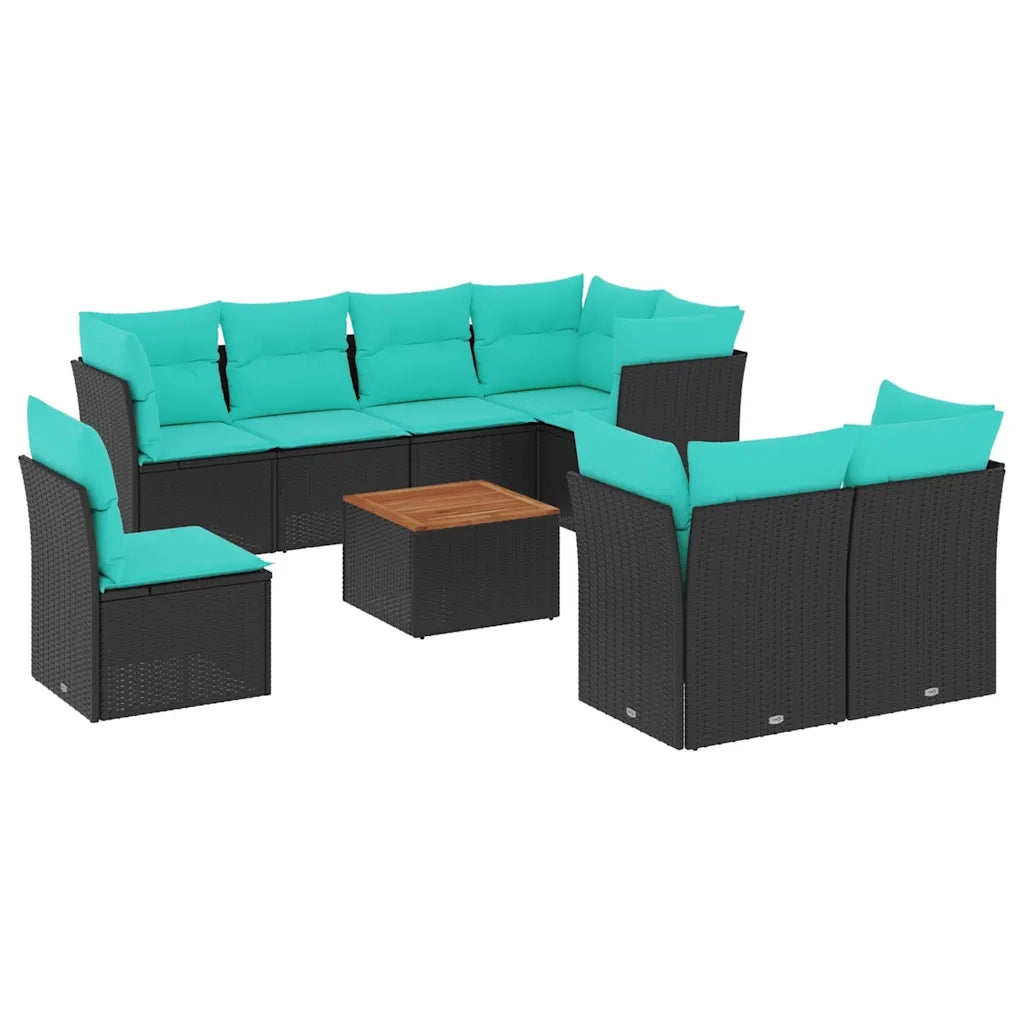Set Divani da Giardino 9 pz con Cuscini Nero in Polyrattan