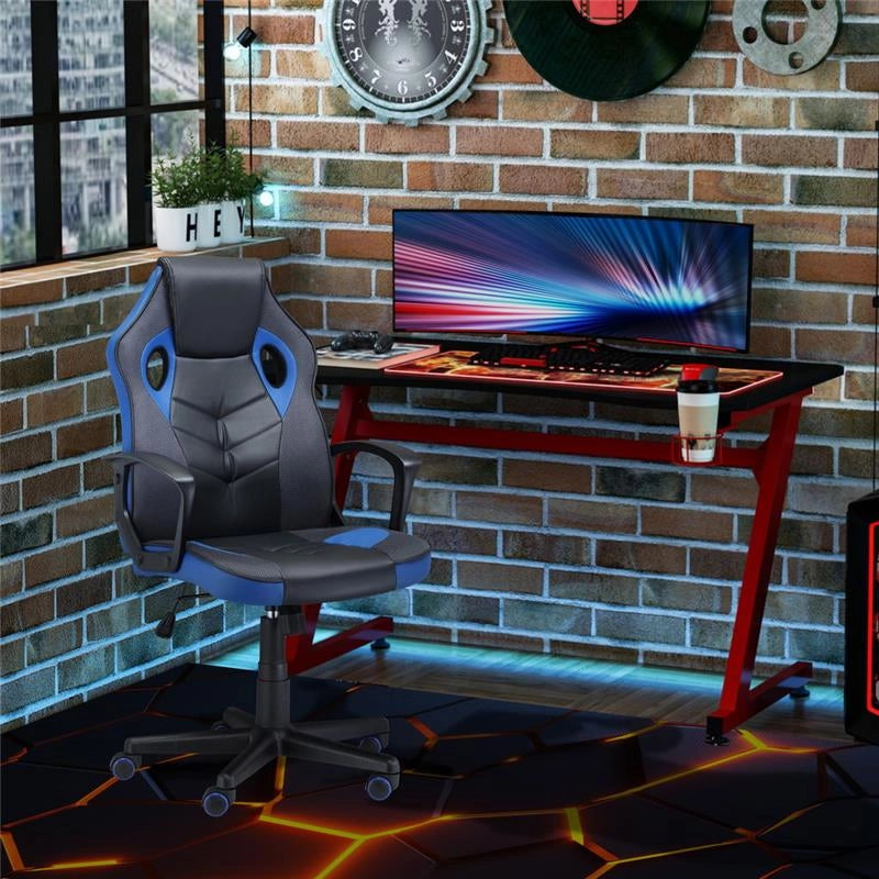 SEDIA DA GAMING POLTRONA DA UFFICIO GIREVOLE CON RUOTE IN SIMILPELLE NERA BLU