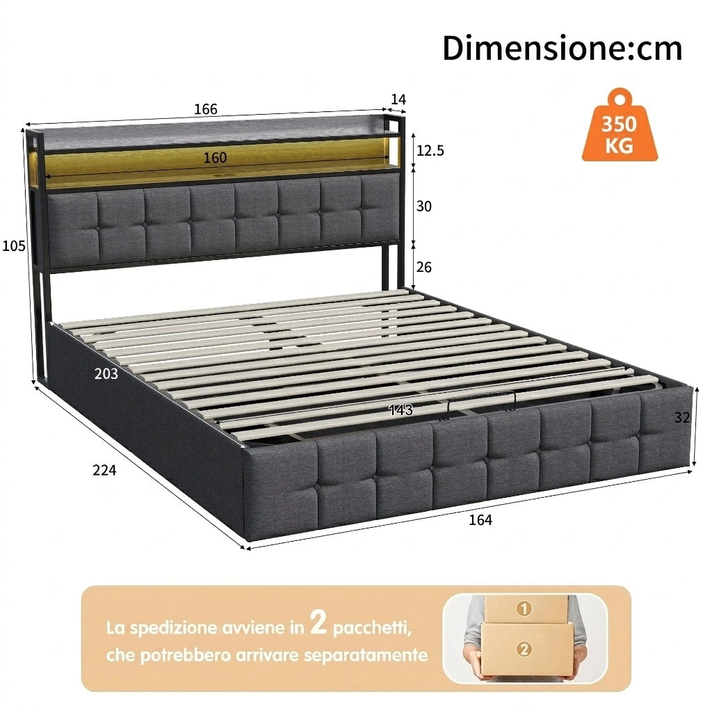 Letto matrimoniale 160x200 cm con contenitore LED USB testiera struttura letto MDF e PU - grigio