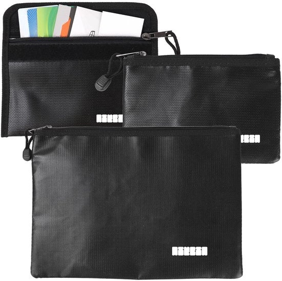 Documenti waterresistenti e resistenti al fuoco - Set di 3 contenitori per documenti A4 e formato compatto - Cartellino documenti in vetroresina e alluminio - Borsa per documenti