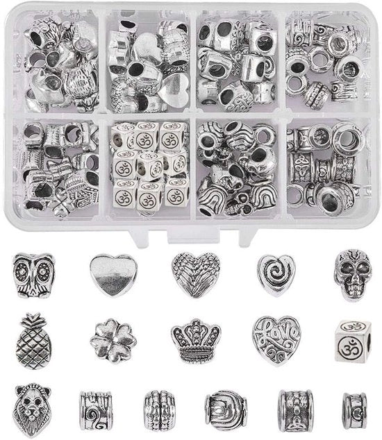96 pezzi di spacer per collana con 16 stili di fori grandi, antichi kralen in acciaio argentato, mista con kralen europee per creare collane, bracciali e accessori.