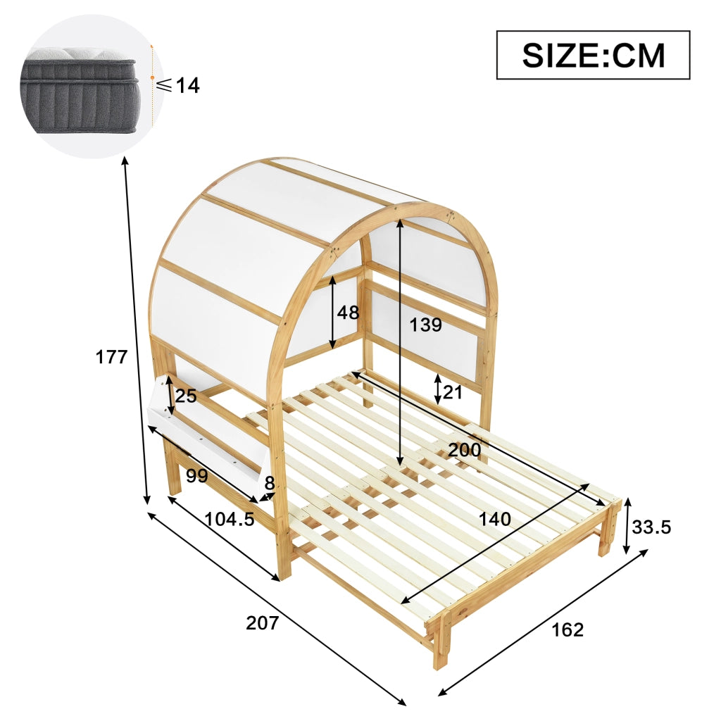 Letto Casetta 140x200 cm; Letto Singolo - Estraibile e Mensola Laterale - in Legno - Bianco e Naturale