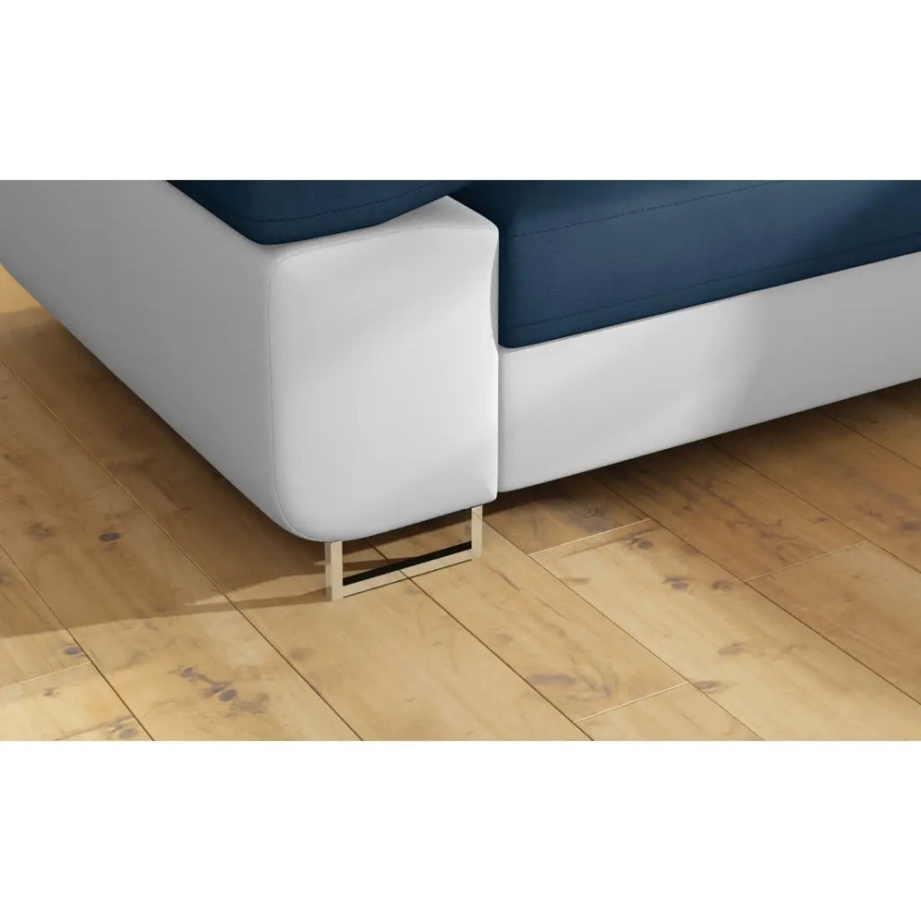 Divano angolare trasformabile MENTON blu scuro e bianco bouclé - Angolo destro con contenitore