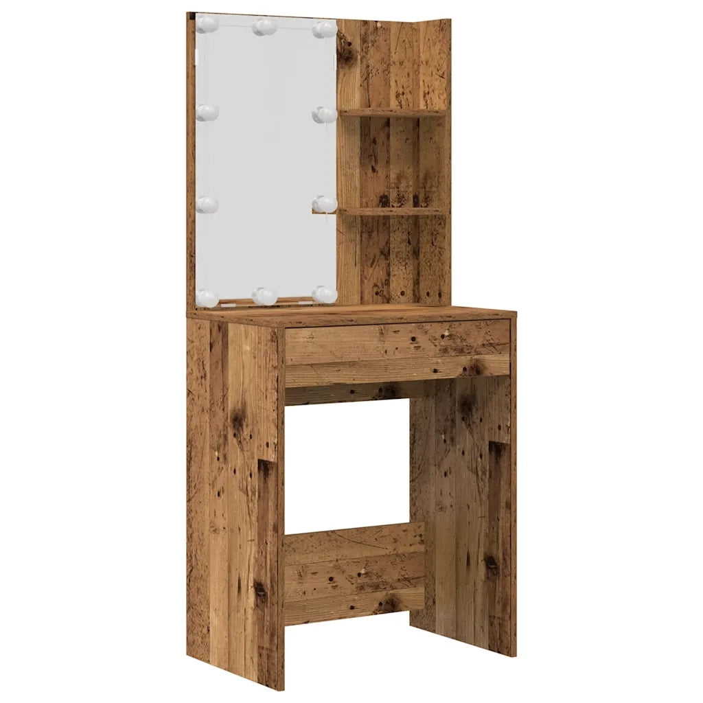 Set Tavolo da Toeletta | Tavolo da Trucco con LED Legno Antico Legno Multistrato