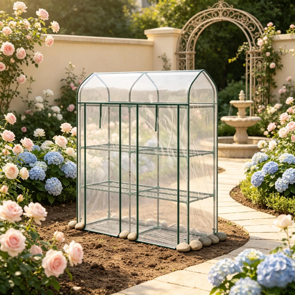 Mini serra da giardino a 3 livelli con copertura trasparente e struttura in acciaio