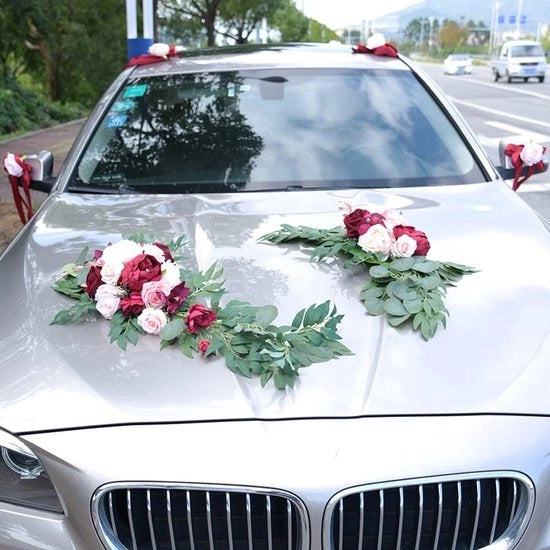 Decorazione per Auto - Slinger di Fiori in Plastica - Decorazione per Matrimoni - Rosso/Arancione - Dimensioni 80x22 cm - Materiale Polyester - Fiori di Specchio Retrovisore 18 cm - Decorazione per Auto