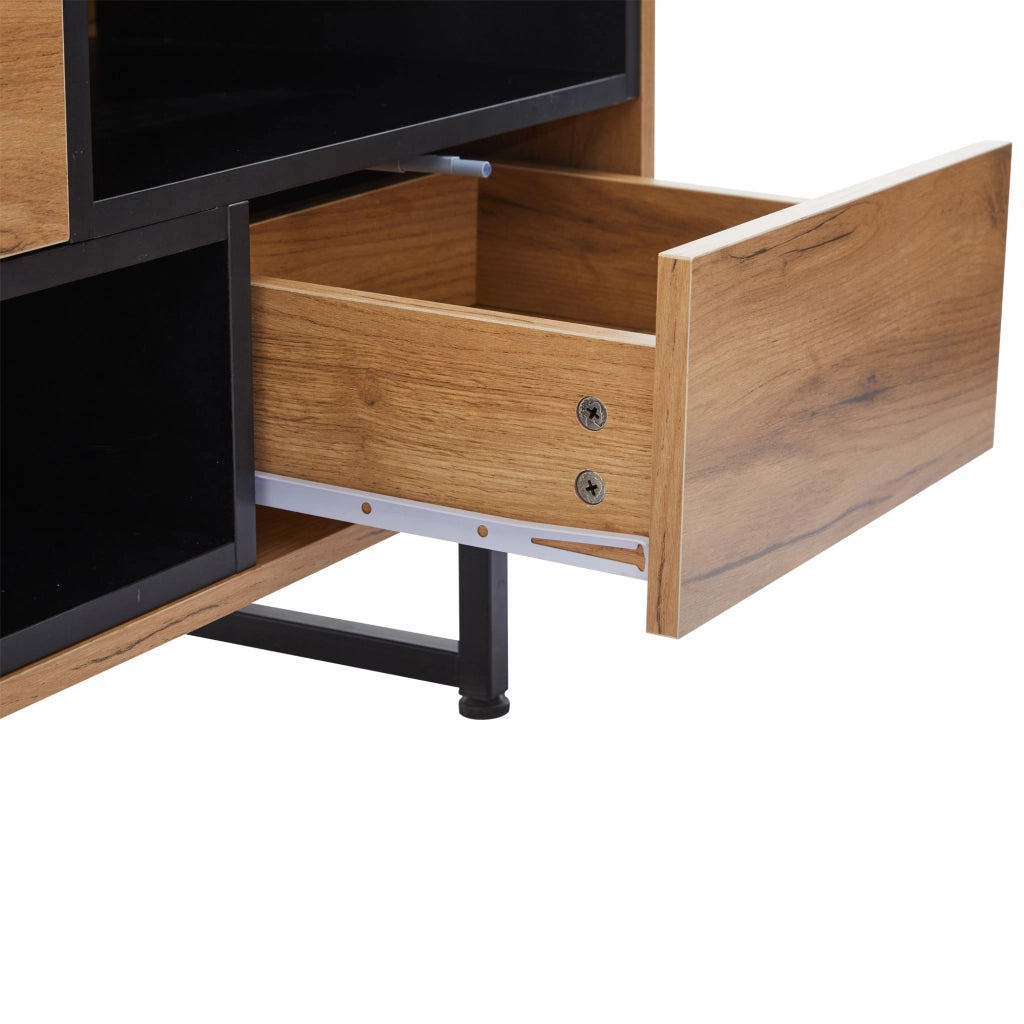 Mobile porta tv con due ante, due ripiani aperti e due cassetti diagonali in legno, 173 × 38 × 48 cm