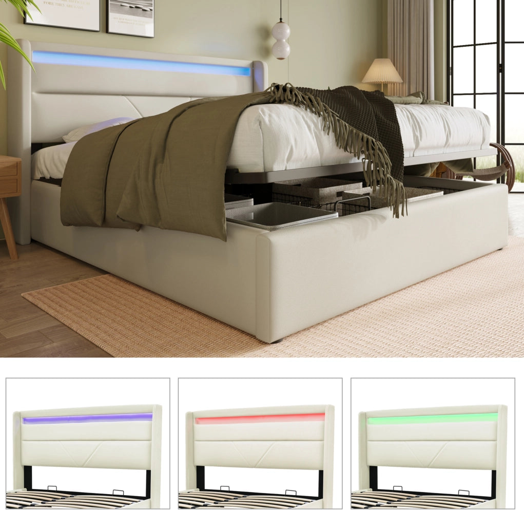 Letto contenitore imbottito 140x200 cm bianco con LED e materasso a molle H3