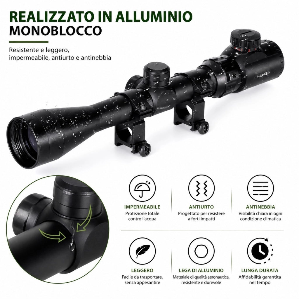 Mirino Ottico 3-9x40EG Reticolo Illuminato Zoom Variabile Attacco Weaver 22mm