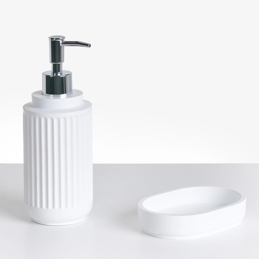 Set di 5 accessori da bagno in poliresina bianca Dispenser per sapone Portaspazzolino Porta spazzolino da bagno