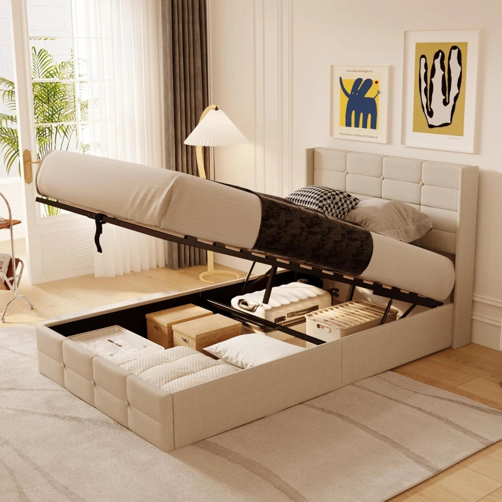 Letto contenitore idraulico 160X200CM, letto matrimoniale imbottito con testiera e contenitore, giroletto con rete a doghe, letto per ragazzi, senza materasso,Beige