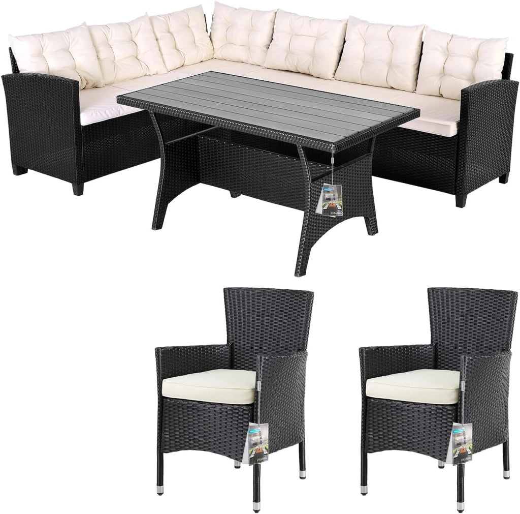 Set di Mobili Outdoor Salottino Esterno Polyrattan Lounge Tavolo da Pranzo Panca d'angolo 2 Sedie da Giardino