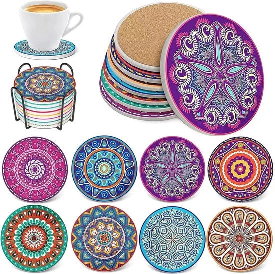 Onderzetter assorbente ceramica, 8 pezzi, glasse riciclabili in gomma, cintura, base in gomma, decorazione mandala, sotto piatto ceramico, regalo di benvenuto per casa, decorazione per cucina e soggiorno.