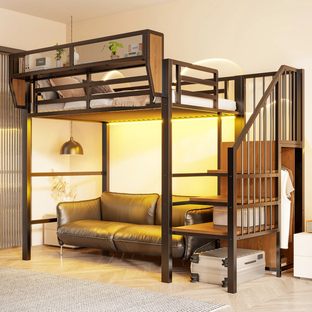 Letto a soppalco singolo 90×200 cm con LED; scala e ripiani salvaspazio; senza materasso; metallo; nero