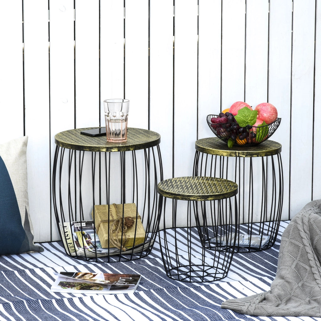 Set da Giardino Esterno, 3 Tavolini da Balcone Impilabili, Arredamento da Giardino Stile Industriale in Metallo, Nero e Bronzo