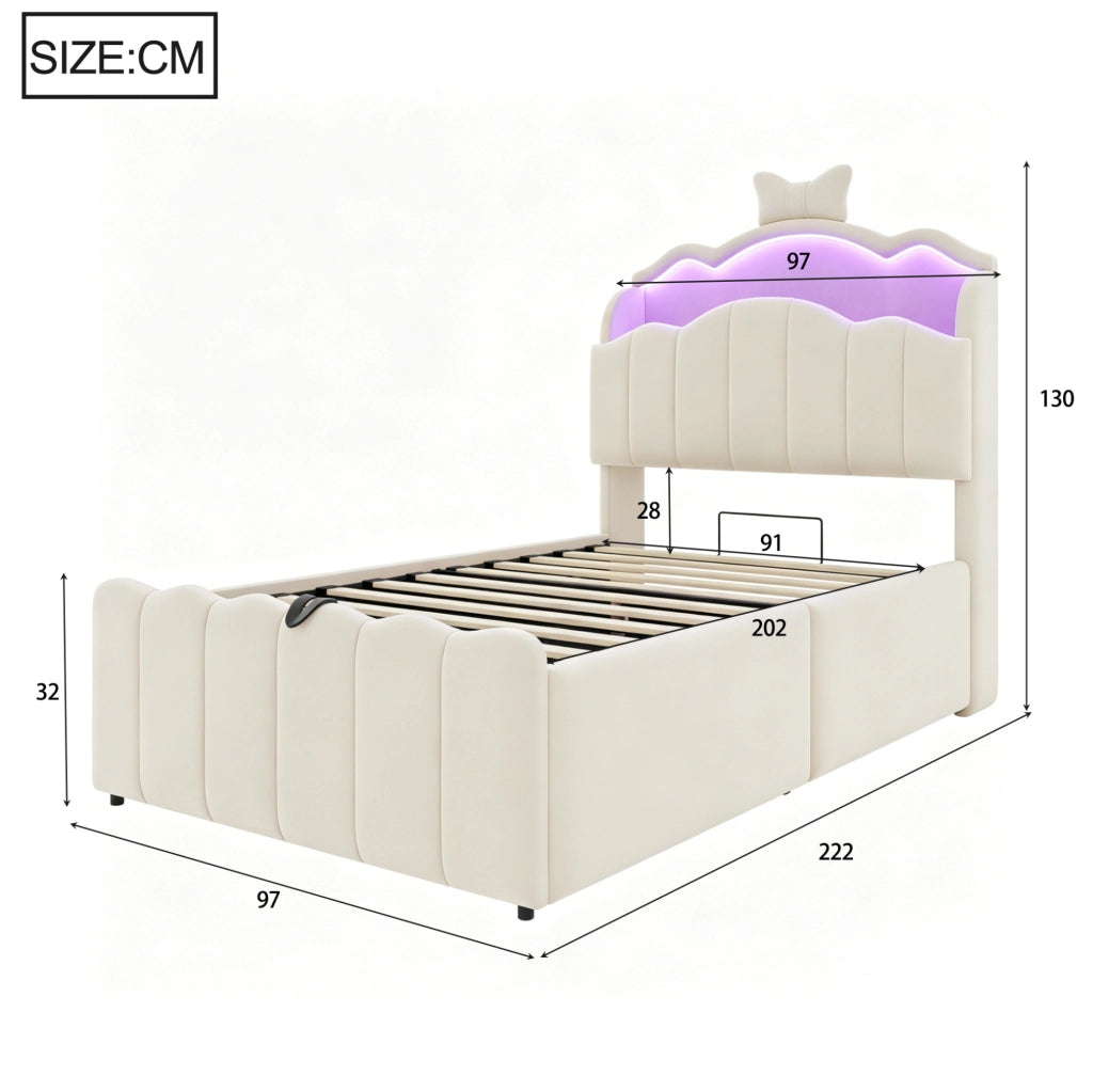 Letto per bambini 90x200 cm con contenitore idraulico; LED e USB/USB-C; beige