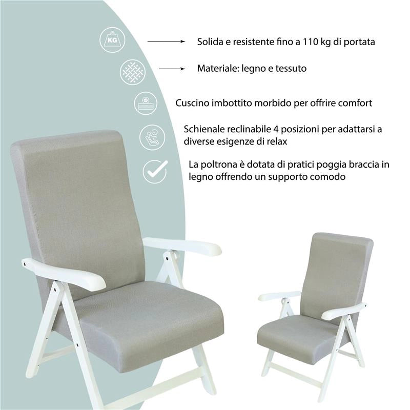 POLTRONA MIAMI BIANCA IN FAGGIO E TESSUTO COLORE GRIGIO CON IMBOTTITURA E SCHIENALE REGOLABILE IN 4 POSIZIONI