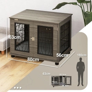 Cuccia per cani con cuscino lavabile e piano superiore in legno grigio con porta chiudibile 80 × 56 × 63 cm